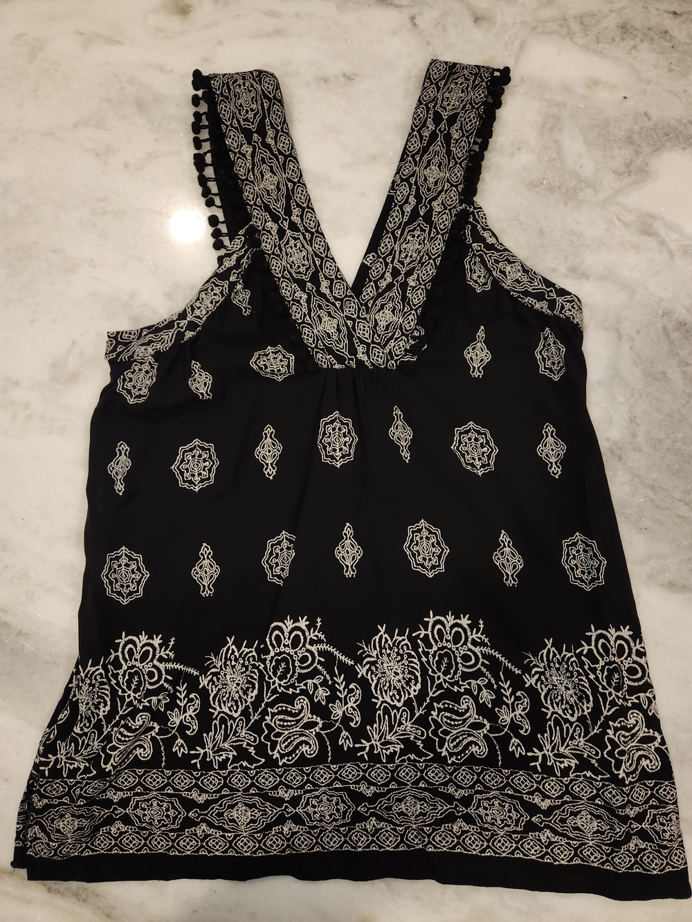 LOFT Black Tank Top with White Embroidered Pattern